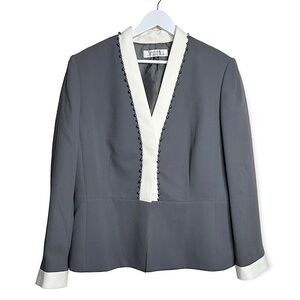 Tahari Arthur S. Levine‎ Pearl Beaded Contrast Blazer Jacket Grey White Size 18